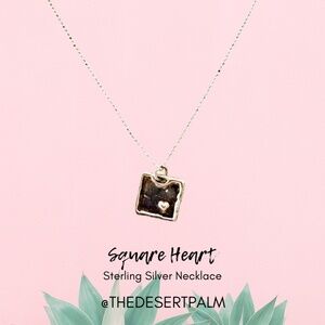 Sterling Silver Square Heart Charm Necklace Minimalist Pendant